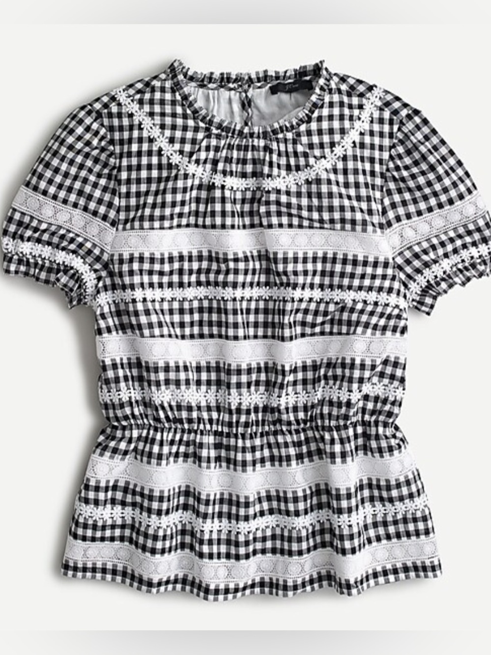 J.Crew Daisy-chain peplum top in gingham blouse boho black white large NWT